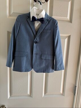 Boys Blue Suit Jacket with White Shirt and Navy Bow Tie